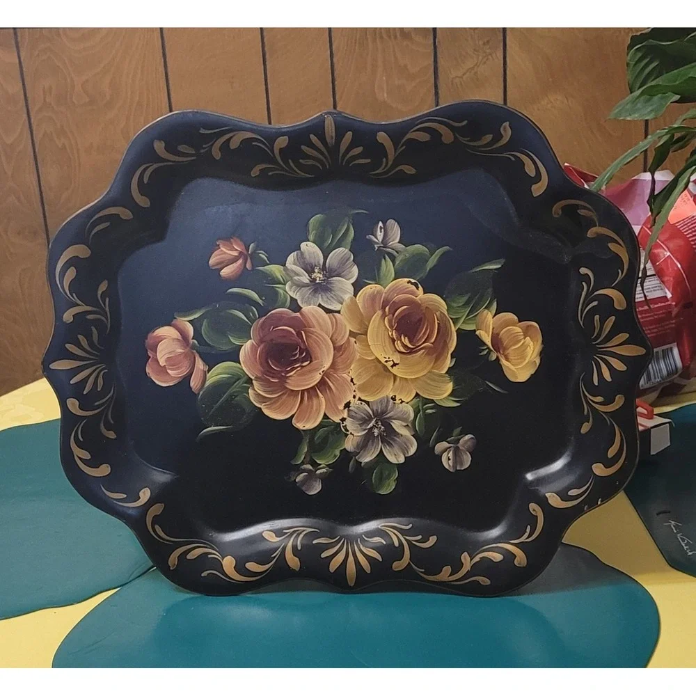 Vtg Large Black Floral Hand Painted Toleware Tray with Gold Scrolls 19 X 15